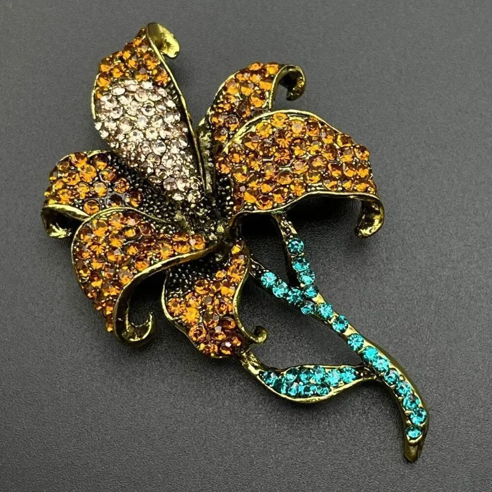 Yellow Gold with Burnt Orange and Champagne Crystal Lily Flower Pin Back Brooch